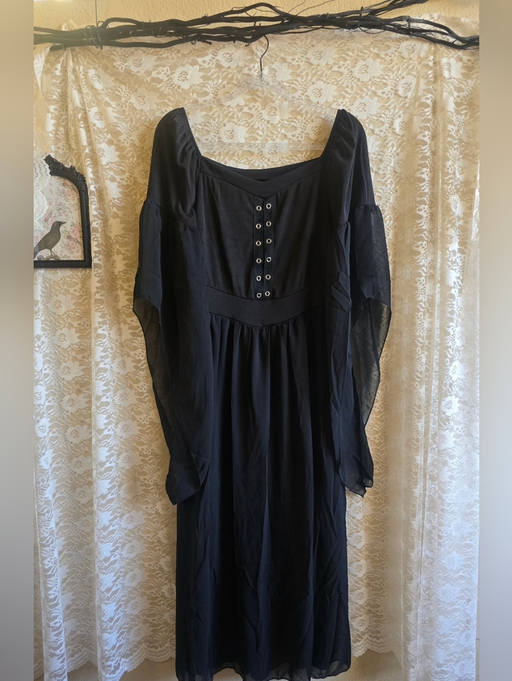Women's Black Sheer Bell Sleeve Maxi Dress - Gothic Cottagecore Witchy Dressup